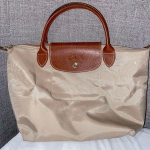 authentic tan longchamp le pliage bag